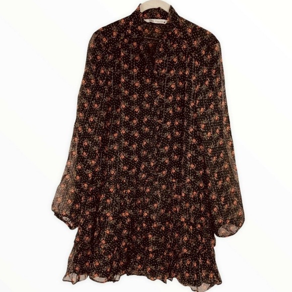 Zara Dresses & Skirts - ZARA Sheer A-Line Black Floral Dress with Ruffle.  Size M